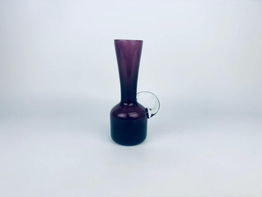 Vintage Mid-Century Amethyst Art Glass Jug with Clear Handle  1960s Blown Glass Vase or Decanter