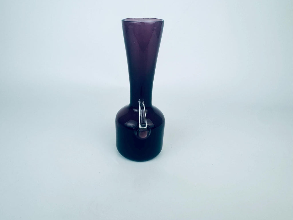 Vintage Mid-Century Amethyst Art Glass Jug with Clear Handle  1960s Blown Glass Vase or Decanter