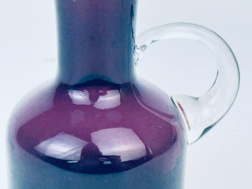 Vintage Mid-Century Amethyst Art Glass Jug with Clear Handle  1960s Blown Glass Vase or Decanter