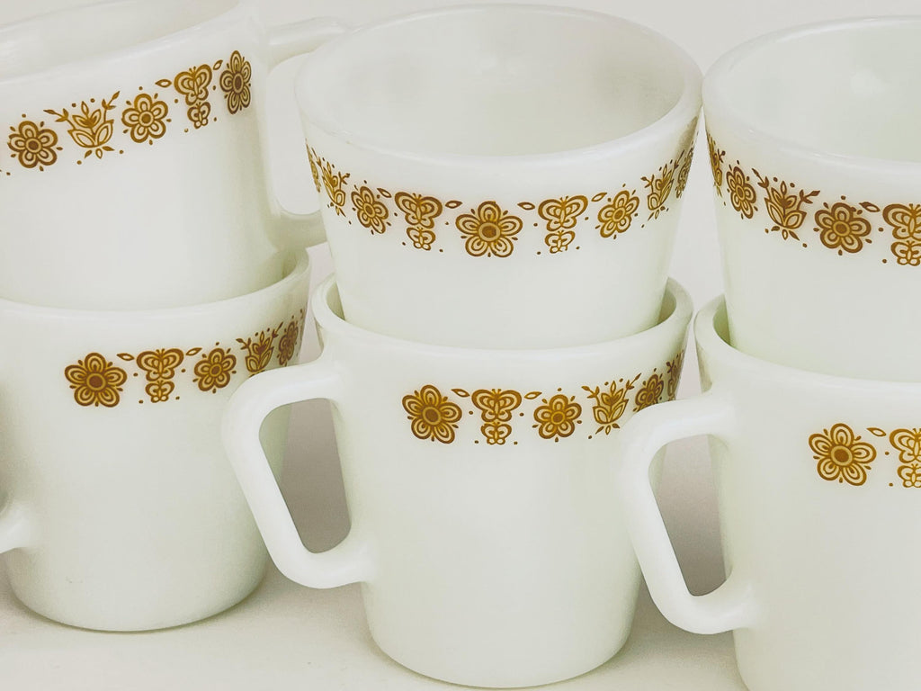 Vintage Pyrex Milk Glass Mugs  1970s White Opal Coffee Cups - Old Town Blue, Butterfly Gold, Woodland Pattern  Sold Individually Or Sets