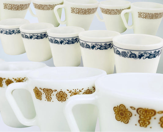 Vintage Pyrex Milk Glass Mugs  1970s White Opal Coffee Cups - Old Town Blue, Butterfly Gold, Woodland Pattern  Sold Individually Or Sets