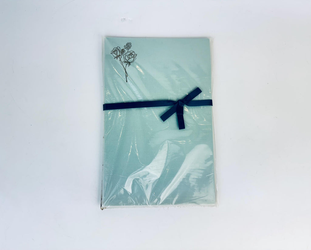 Vintage Floral Notepad Stationery Set - 1960s Blue & Beige Letter Paper with Gold Embossed Rose Motif - Cotton Blend Paper - Set of Two (2)