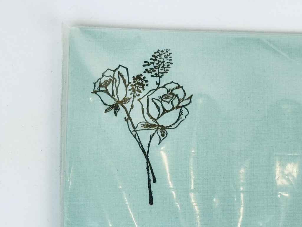Vintage Floral Notepad Stationery Set - 1960s Blue & Beige Letter Paper with Gold Embossed Rose Motif - Cotton Blend Paper - Set of Two (2)