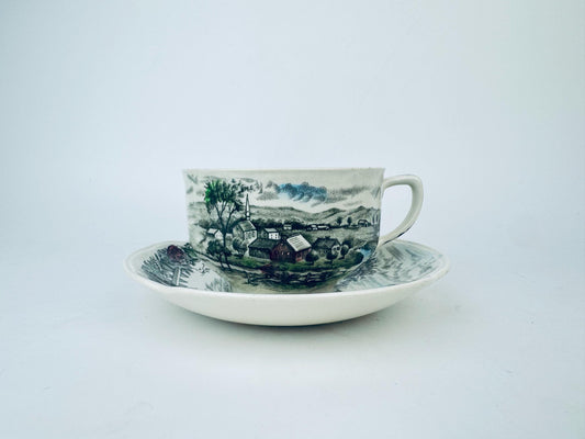 Ceramic cup and saucer with scenic design on a white background