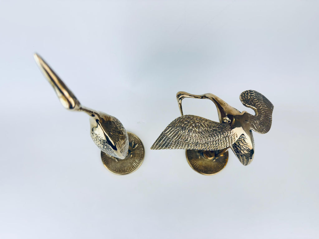 Vintage 1970s MidCentury Modern Brass Crane Sculptures  Made in Korea  Pair of Elegant Shelf & Mantel Figurines