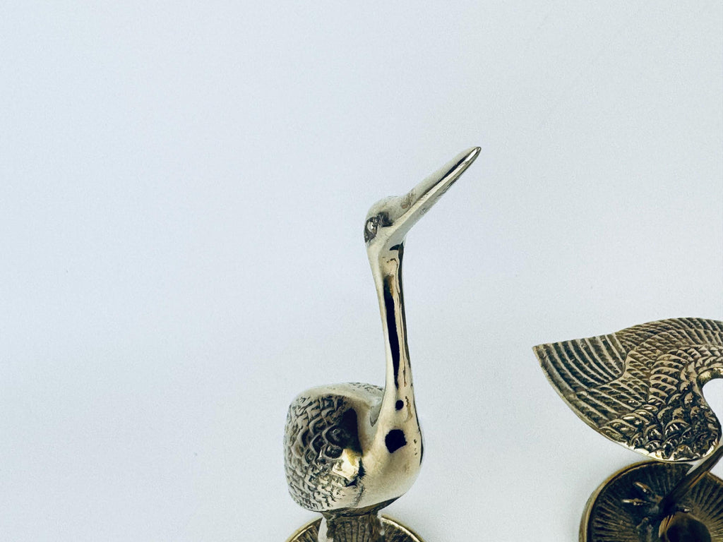 Vintage 1970s MidCentury Modern Brass Crane Sculptures  Made in Korea  Pair of Elegant Shelf & Mantel Figurines