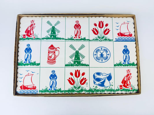 Decorative box with Dutch-themed illustrations on a white placemat.