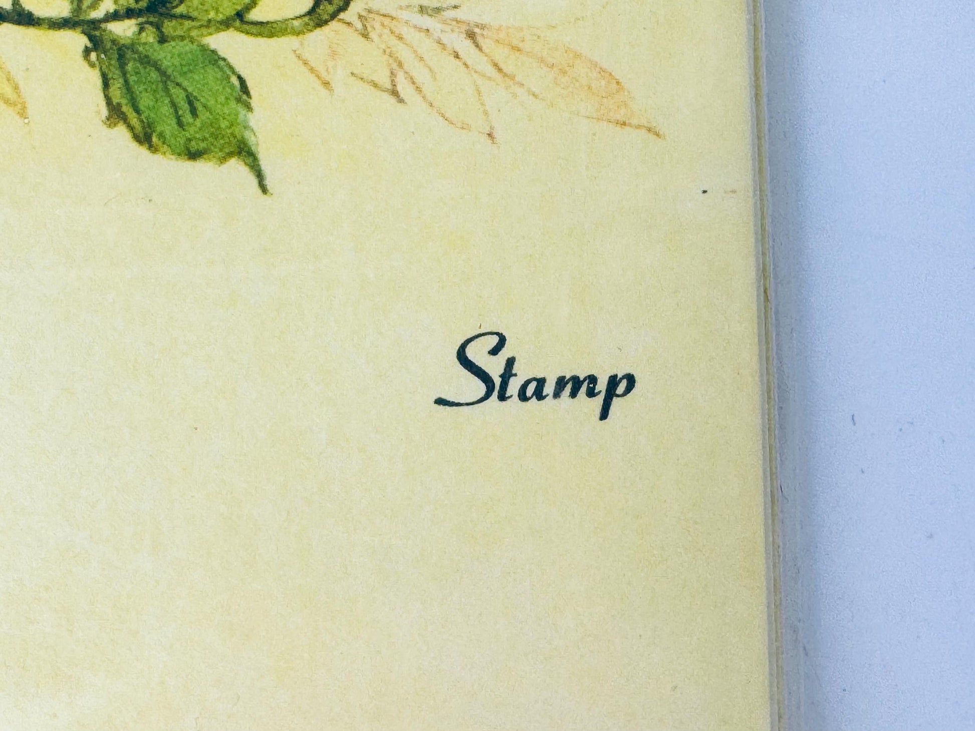 Floral design on a card with the word 'Stamp' written on it.
