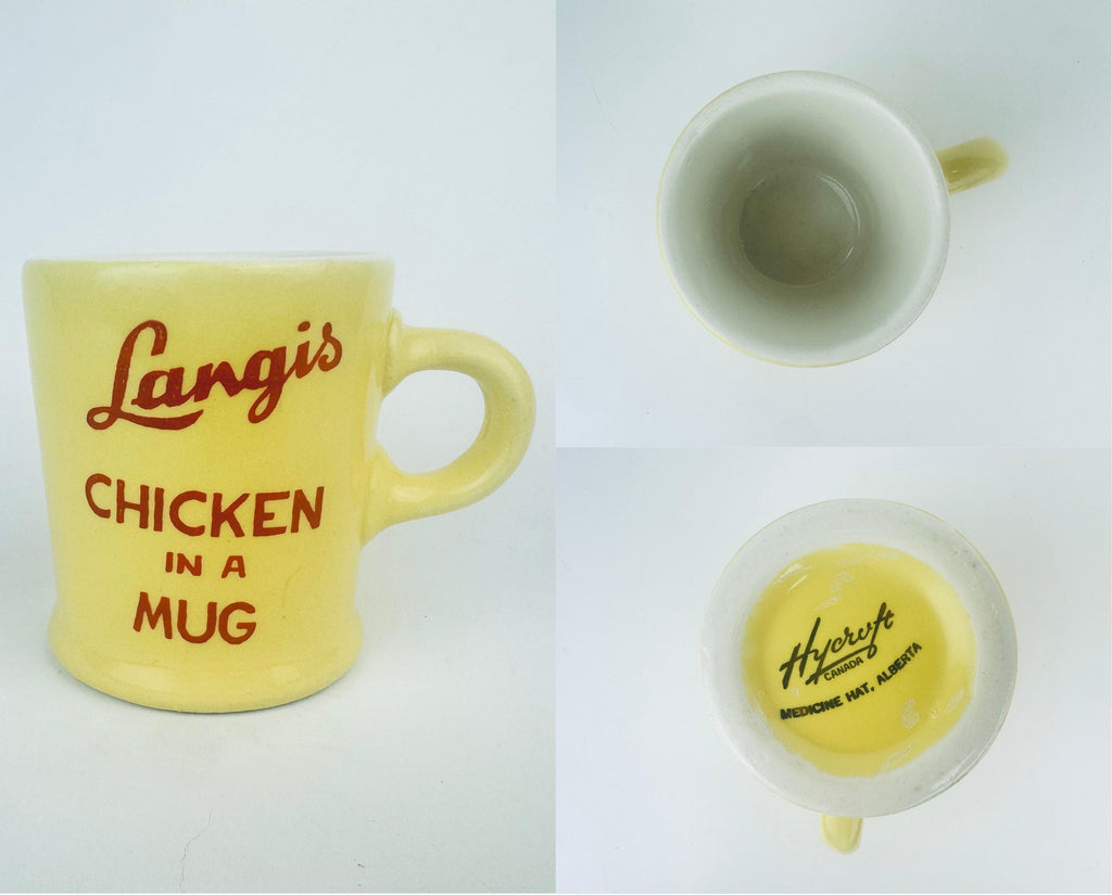 Yellow mug with 'Langis Chicken in a Mug' text on a white background