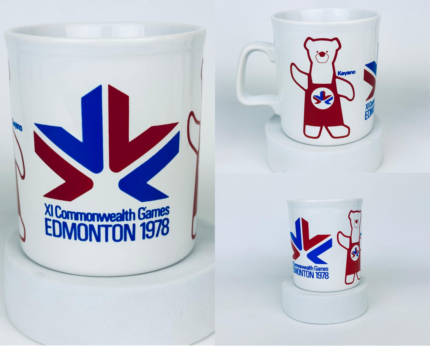 Set of mugs with Commonwealth Games Edmonton 1978 logo on a white background