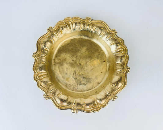 Vintage Rococo Style Gold Brass Bowl  Ornate Scalloped Rim  1970s Solid Brass Dish for Display or Entryway Catchall