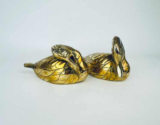 Vintage Solid Brass Duck Figurines  Wall-Mountable or Tabletop Décor  1980s Gold Etched Pair