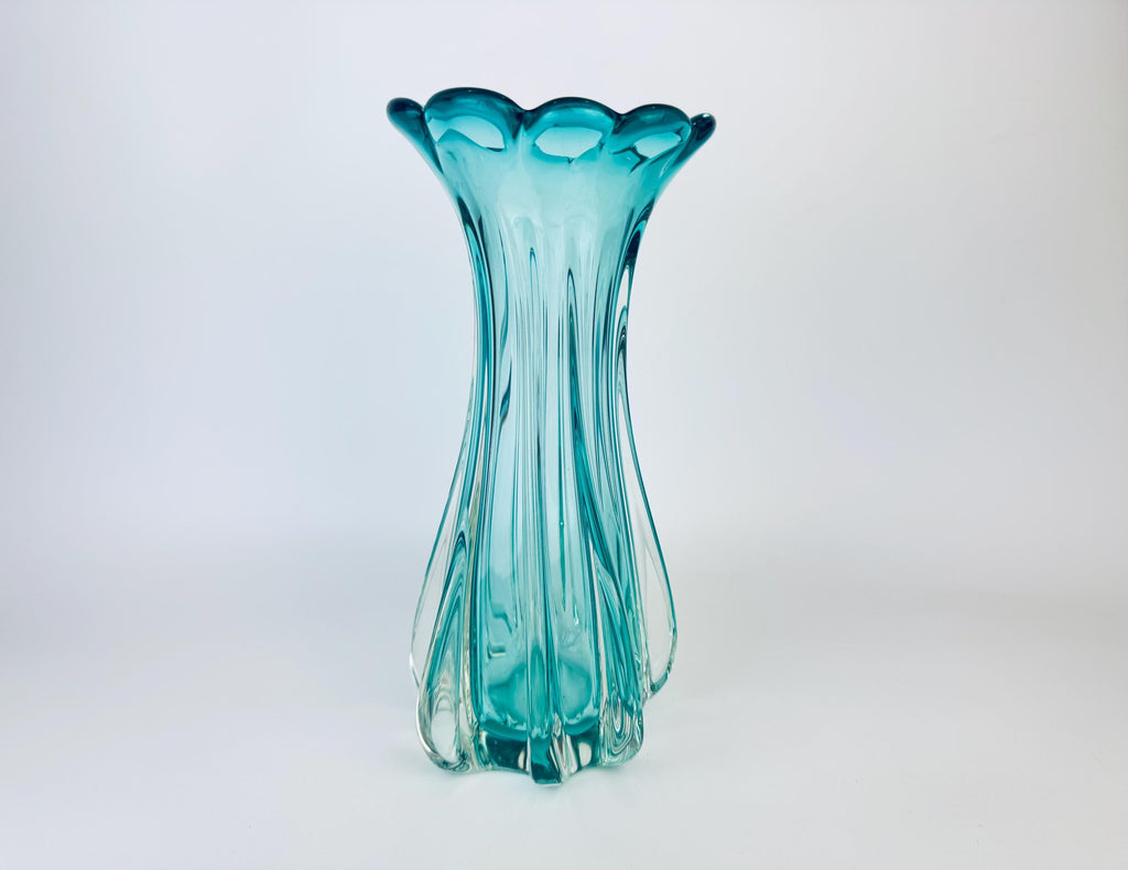 Vintage Murano Aqua Blue Glass Vase  Hand Blown Italian Art Glass with Arte Murano ICET Mark