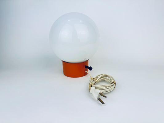 Vintage 1970s Globe Lamp  Orange Metal Base with Opal Glass Shade  Leviton Canada Plug  Space Age Bedside or Accent Light