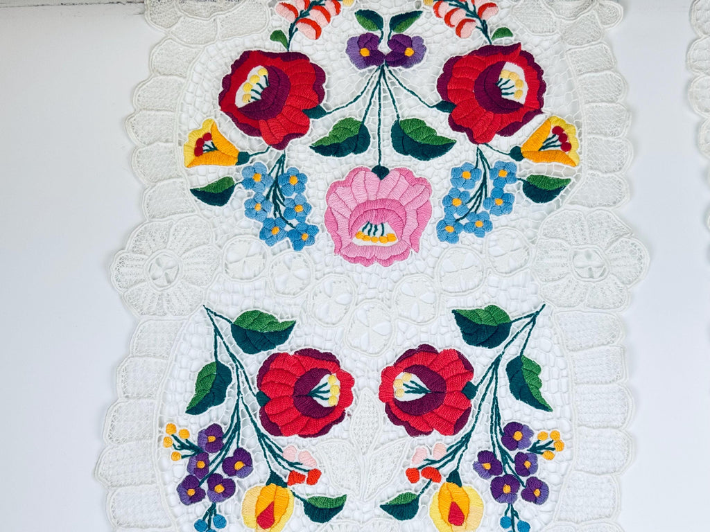 Vintage Folksy Floral Embroidered Lace Table Runners - Sold Separately