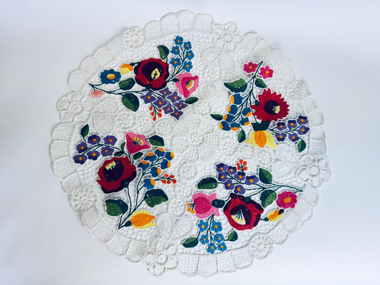 Embroidered doily with floral patterns on a white background