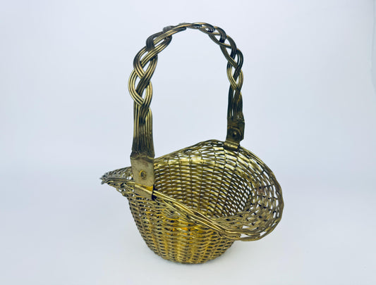 Vintage 1980s Woven Brass Wire Basket with Braided Moveable Handle  Handmade in India Decorative Storage Bowl