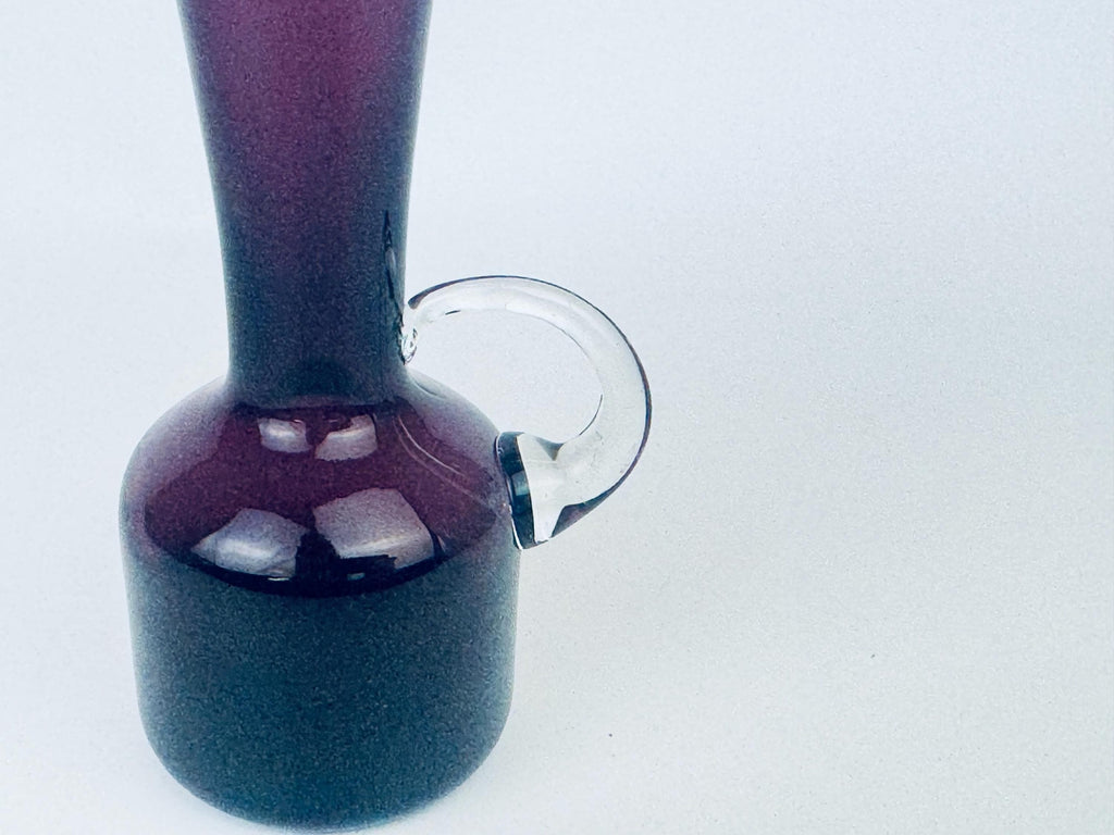 Vintage Mid-Century Amethyst Art Glass Jug with Clear Handle  1960s Blown Glass Vase or Decanter