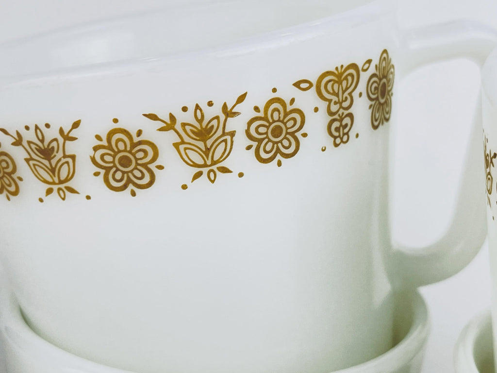 Vintage Pyrex Milk Glass Mugs  1970s White Opal Coffee Cups - Old Town Blue, Butterfly Gold, Woodland Pattern  Sold Individually Or Sets