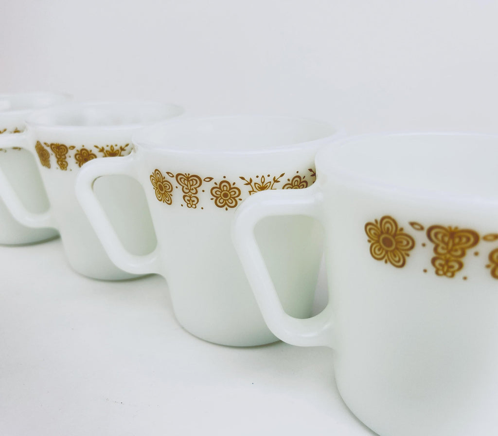 Vintage Pyrex Milk Glass Mugs  1970s White Opal Coffee Cups - Old Town Blue, Butterfly Gold, Woodland Pattern  Sold Individually Or Sets