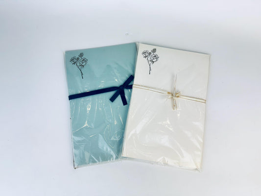 Vintage Floral Notepad Stationery Set - 1960s Blue & Beige Letter Paper with Gold Embossed Rose Motif - Cotton Blend Paper - Set of Two (2)