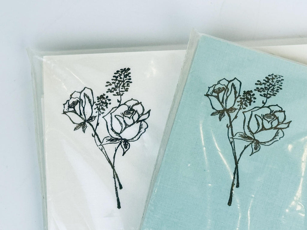 Vintage Floral Notepad Stationery Set - 1960s Blue & Beige Letter Paper with Gold Embossed Rose Motif - Cotton Blend Paper - Set of Two (2)