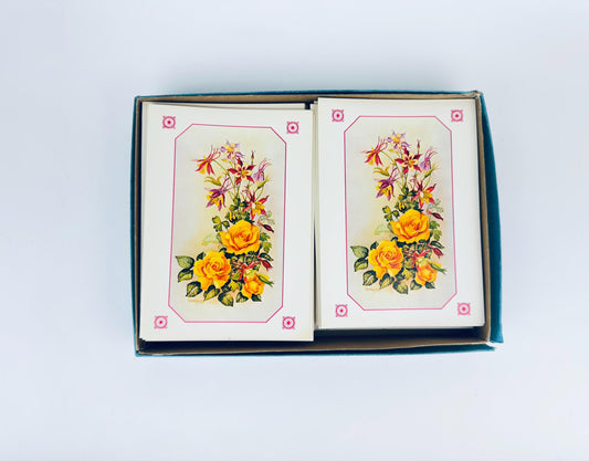 Vintage Boxed Floral Cards  1960s/70s Yellow Rose Design by I. Schricker  55 Cards Envelopes  Mouthpainted Lithograph  Made in Canada
