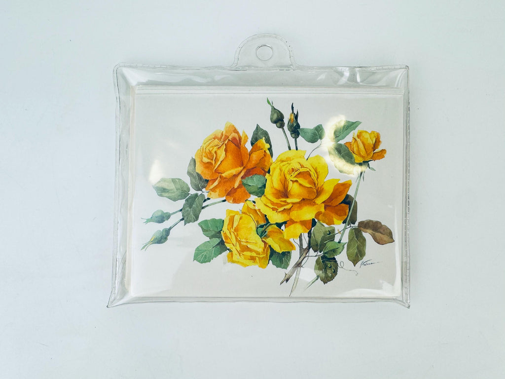 Decorative yellow roses on a light gray background
