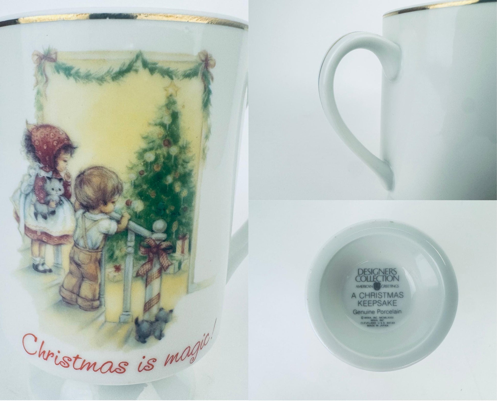 Christmas-themed mug with children and tree illustration, featuring the Demdaco Collection logo.