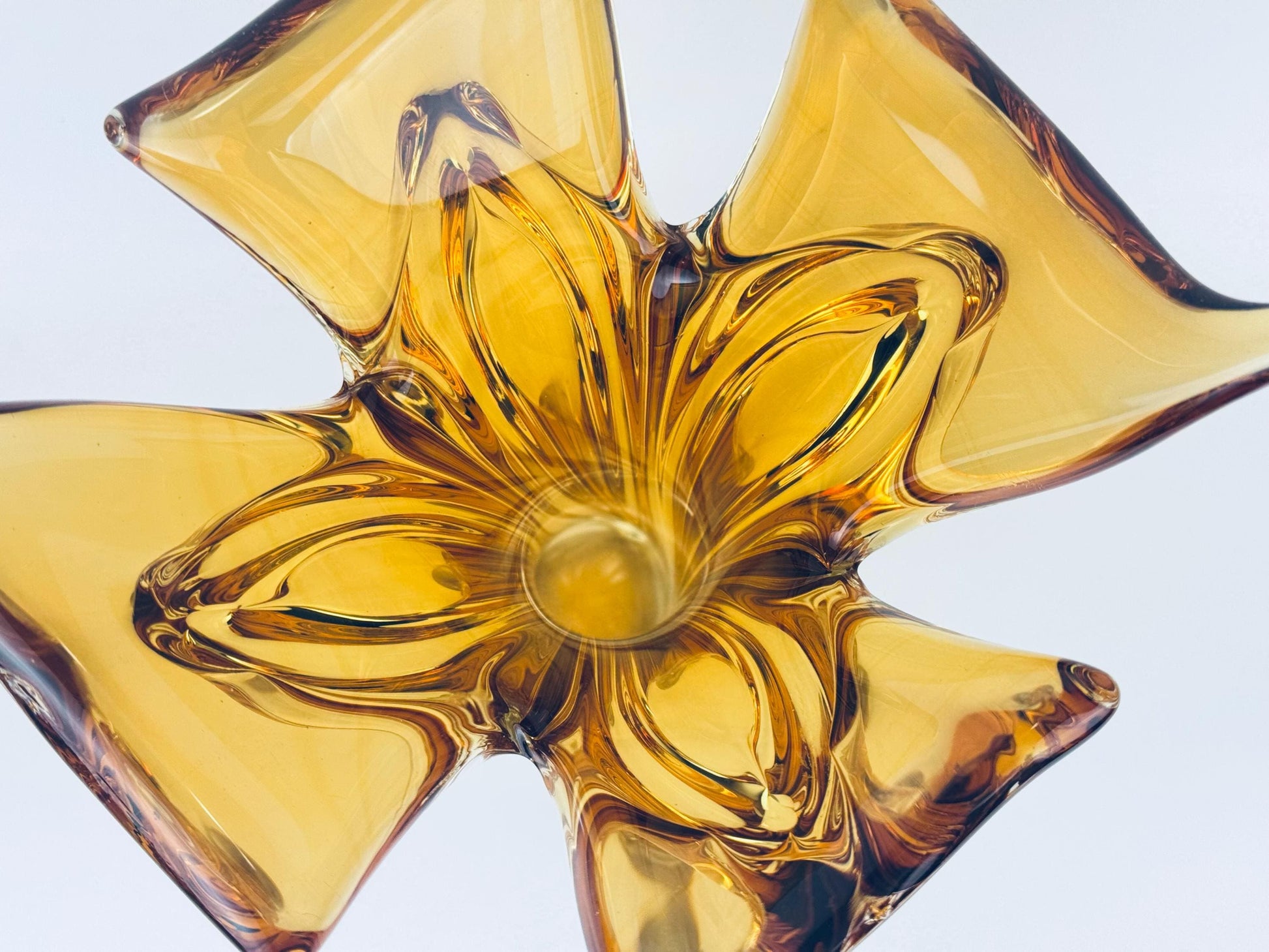 Glass vase in amber color on a light gray background