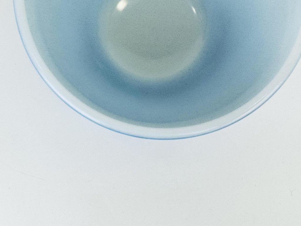 Close-up of a blue glass bowl on a light gray background