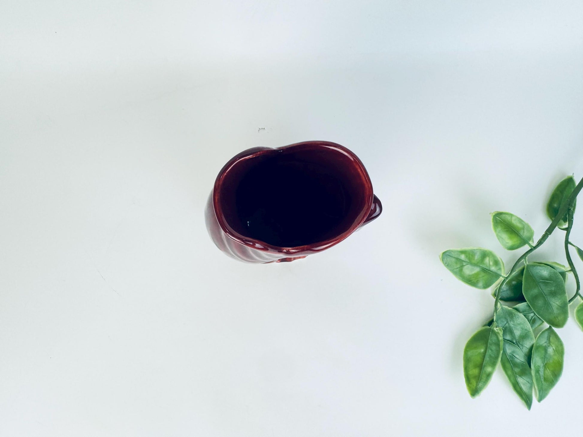 Overhead view of fish-shaped jug showing wide spout opening in deep red ceramic glaze