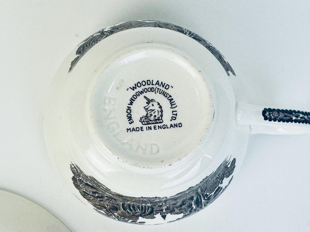 Close-up of backstamp on vintage Woodland teacup reading “Enoch Wedgwood (Tunstall) Ltd. Made in England” with unicorn crest