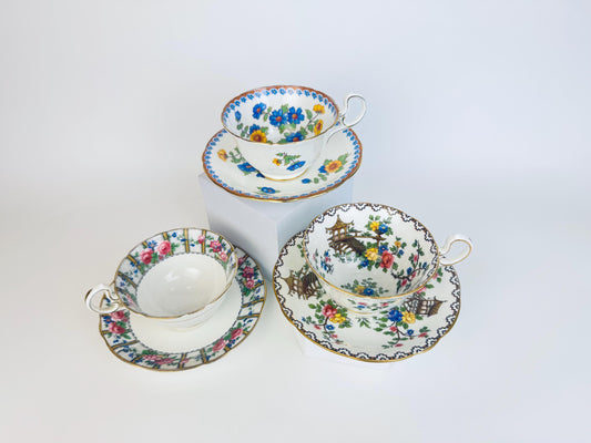 Vintage Aynsley Bone China Teacup Trio  Multicolour Floral & Pagoda Patterns, 1940s English Tea Set for Collectors or Afternoon Tea