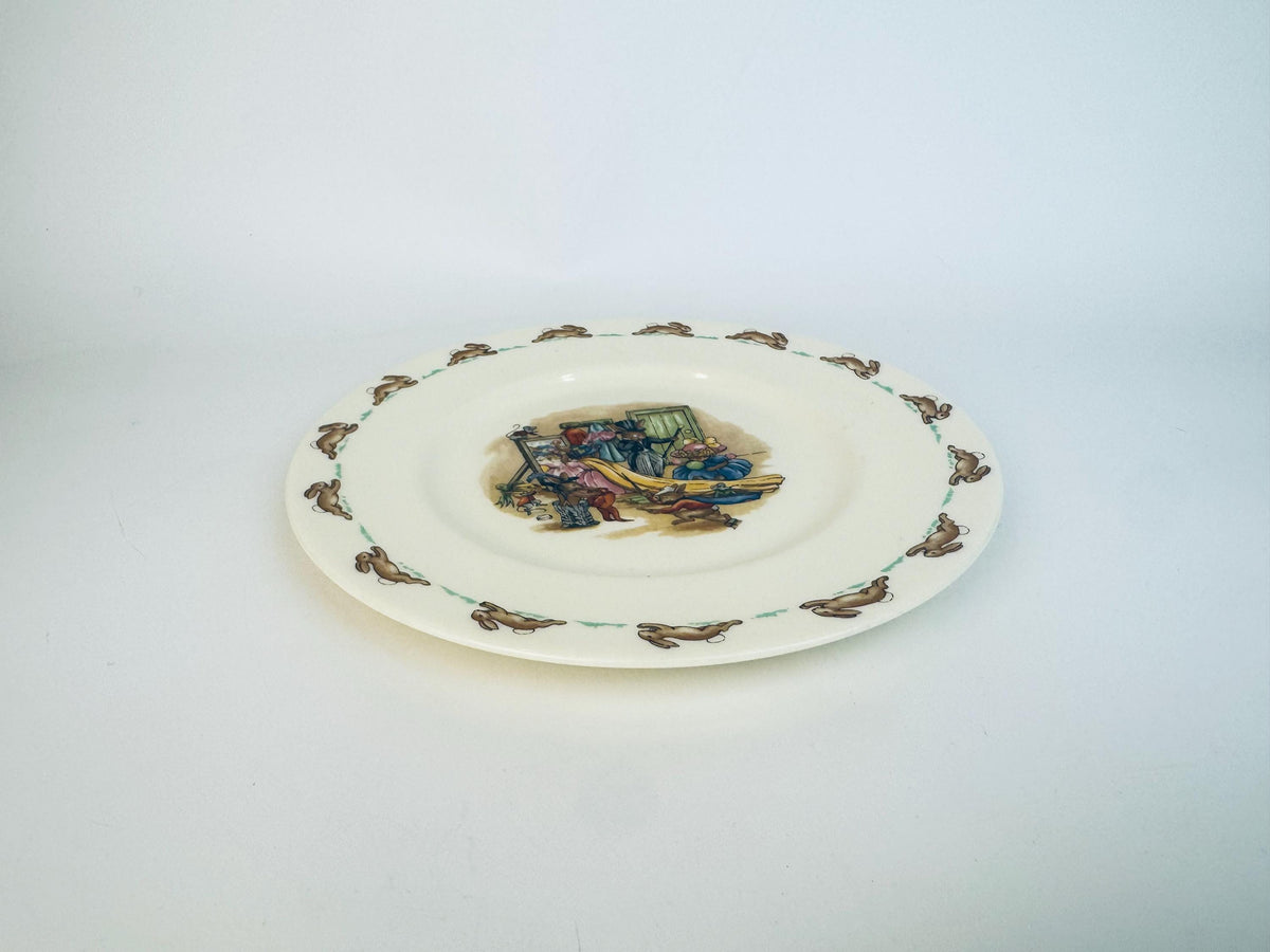 Vintage Bunnykins 'Dressing Up' Royal Doulton Plate - Cream Ceramic 1950s English Nursery Dishware