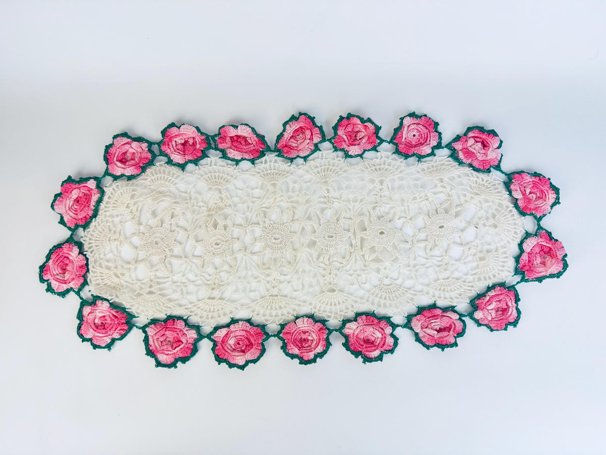 Full view of runner laid flat with all pink roses visible