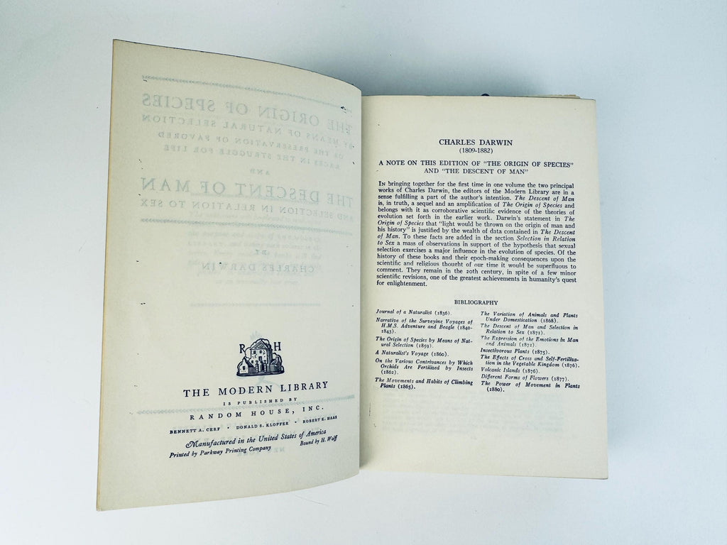 Vintage 1951 Modern Library Darwin Book  The Origin of Species & The Descent of Man  Grey Cloth Hardcover
