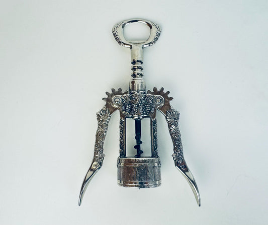 Vintage Silver Wine Grape + Barrel Themed Cork Screw Winged Level Opener - Barware Gift - Botticelli Design
