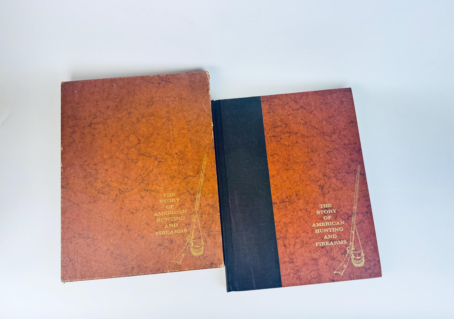 Vintage Brown Hardcover Book with Slipcase  The Story of American Hunting and Firearms (1959) - Illustrated Collectible History