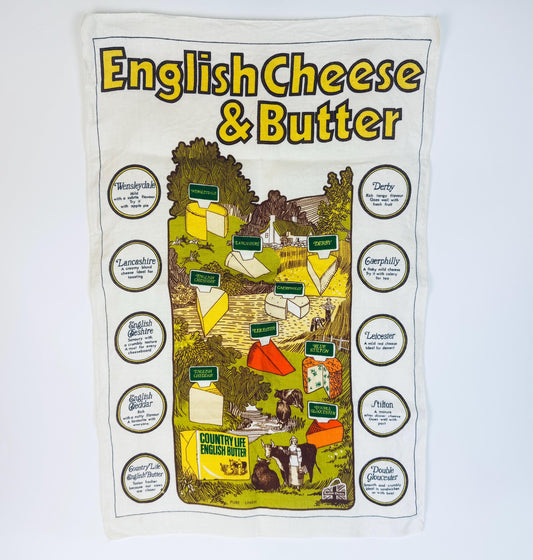 Vintage 1970s English Cheese and Butter pure linen tea towel with colourful countryside graphics and illustrations of classic British cheeses, wall art or kitchen décor.