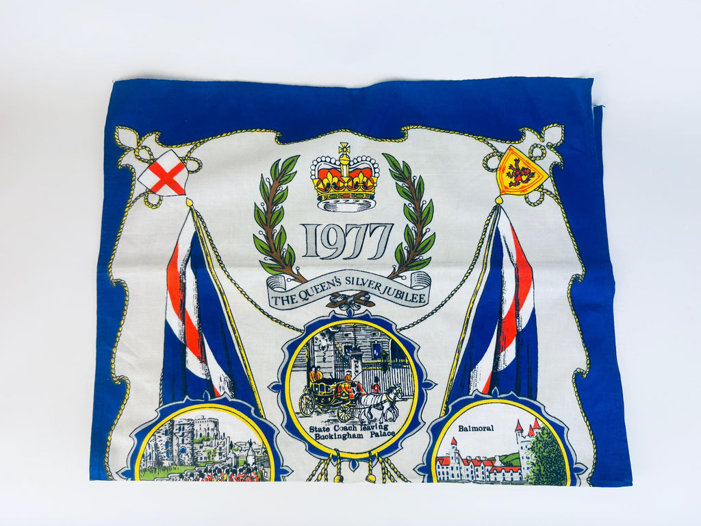Vintage 1977 Queens Silver Jubilee Tea Towel  Blue Cotton British Royal Commemorative Kitchen Linen