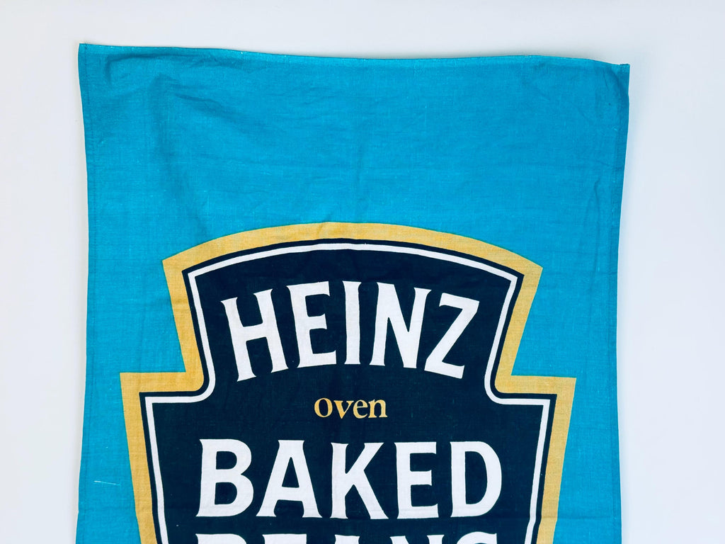 Vintage Heinz Baked Beans Tea Towel  Turquoise Cotton Kitchen Linen, British Advertising Textile, Retro Cotswold Designs 1970s