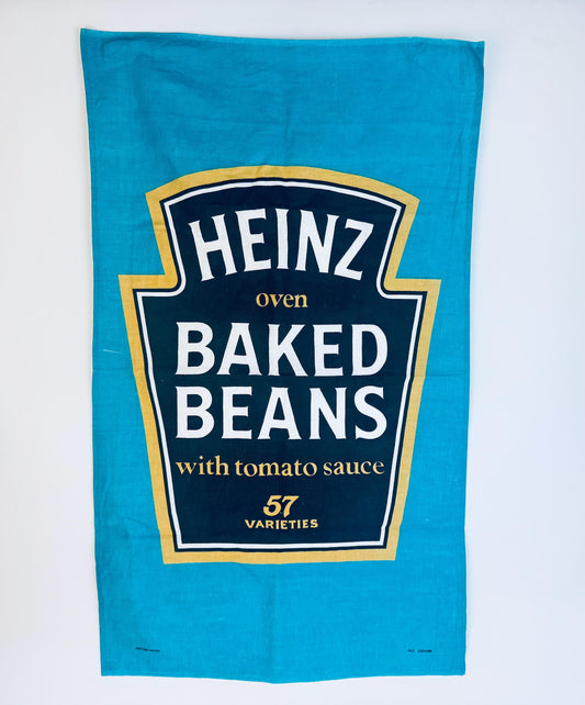 Heinz baked beans label on a blue towel