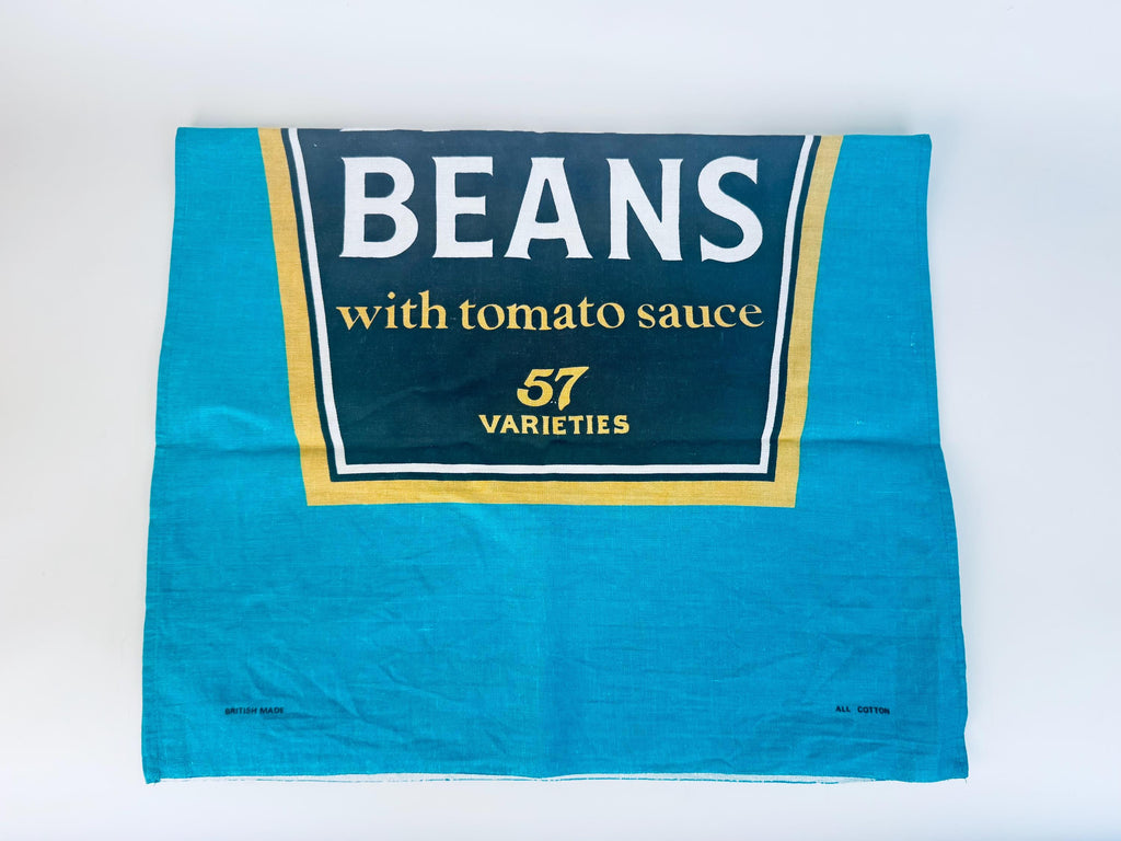 Vintage Heinz Baked Beans Tea Towel  Turquoise Cotton Kitchen Linen, British Advertising Textile, Retro Cotswold Designs 1970s