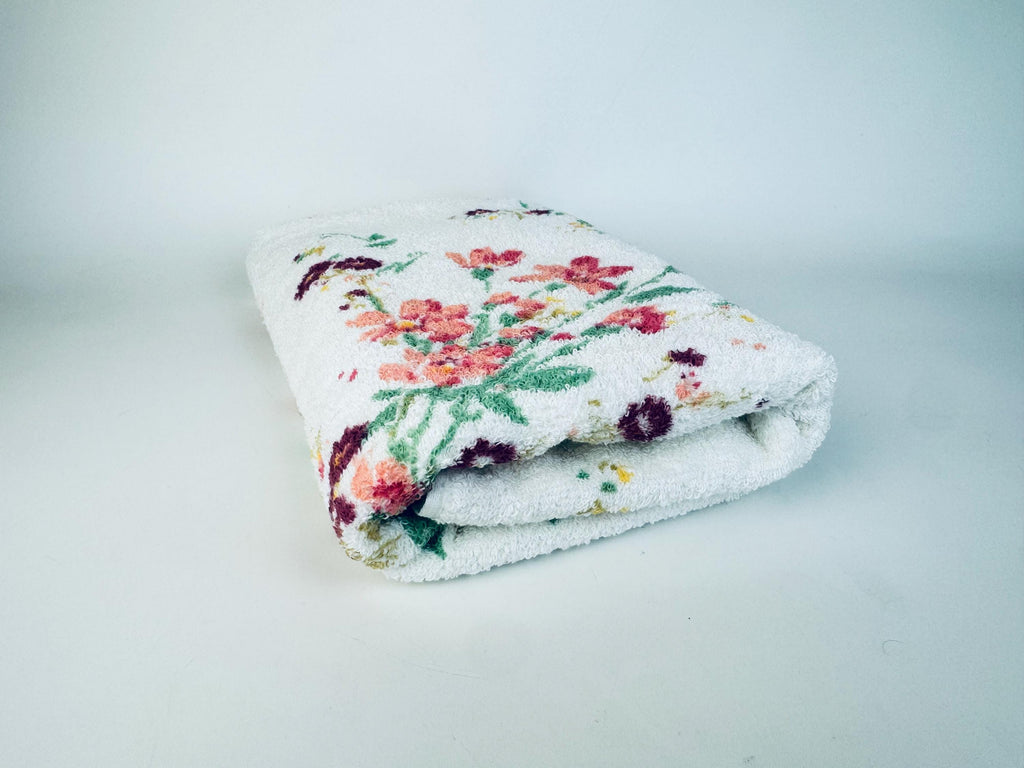 Vintage 1980s Wabasso Kimiko Floral Bath Towel  White Cotton Blend with Signed Pink and Purple Flowers Made in Canada