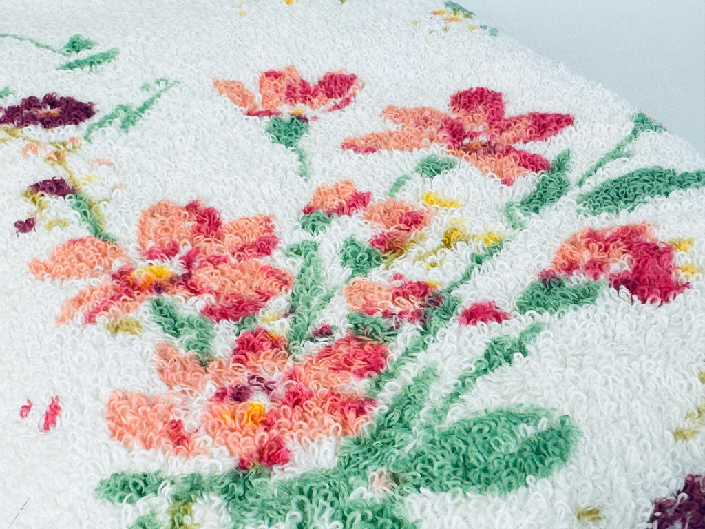 Vintage 1980s Wabasso Kimiko Floral Bath Towel  White Cotton Blend with Signed Pink and Purple Flowers Made in Canada