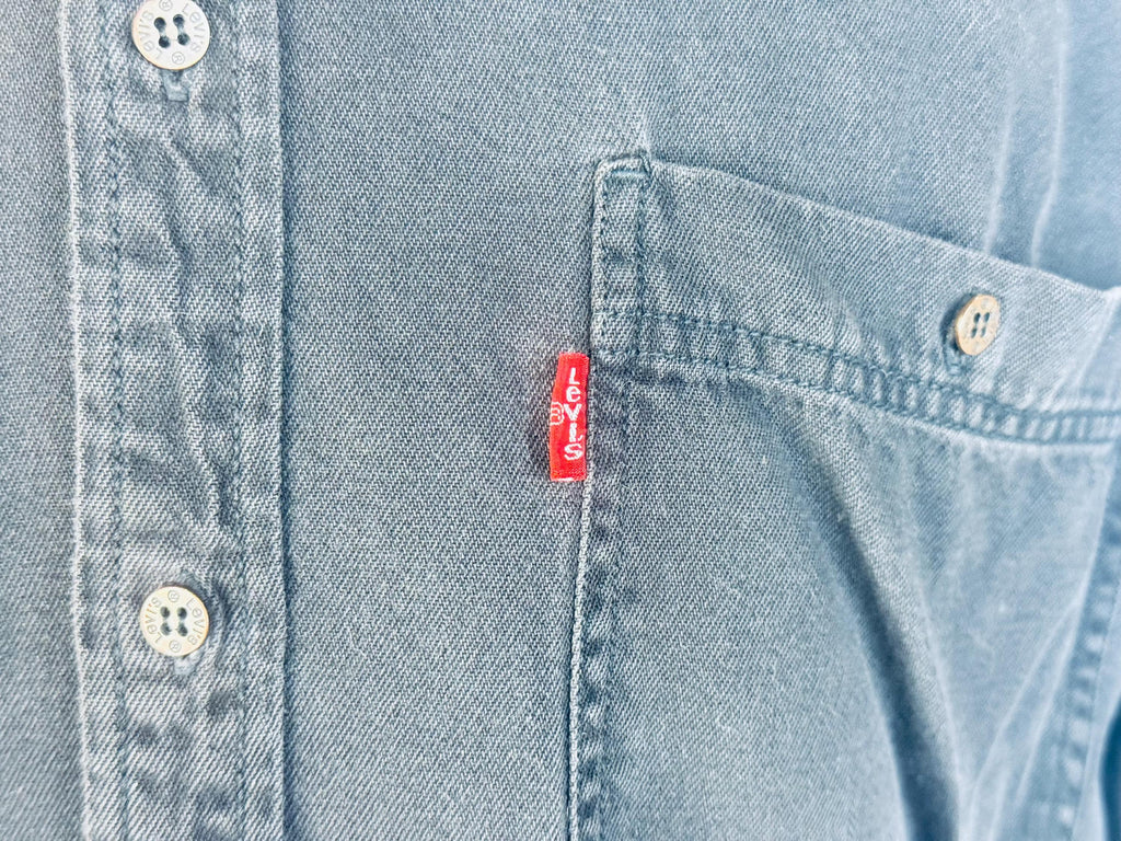 Vintage 1990s Levis Black Denim Button-Up Shirt  Size L  Red Tab Long Sleeve Made in Hong Kong