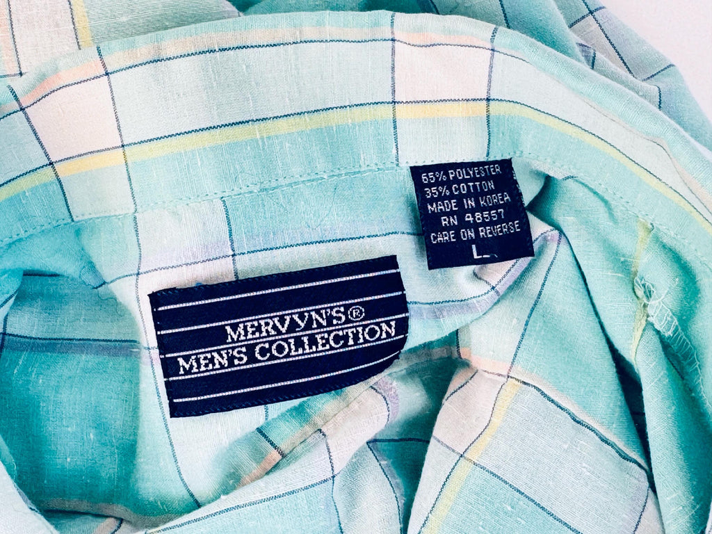 Vintage 1980s Aqua Plaid Mervyns Mens Collection Short Sleeve Button Down Shirt  Polyester Cotton Retro Casual Wear  Made In Korea