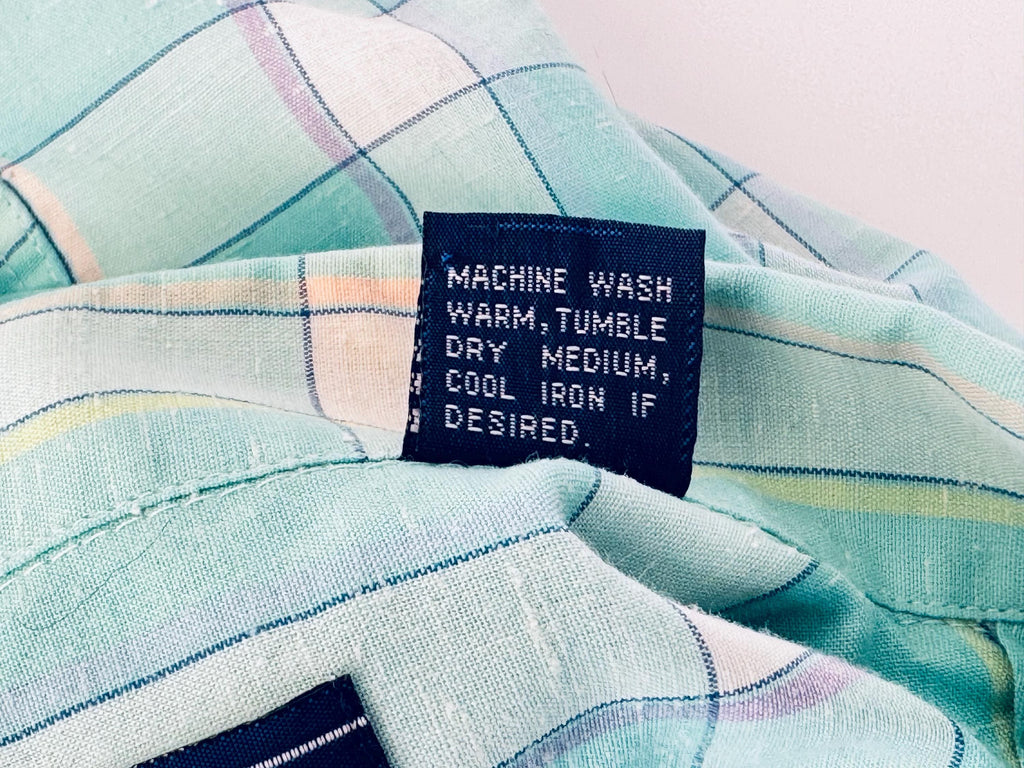 Vintage 1980s Aqua Plaid Mervyns Mens Collection Short Sleeve Button Down Shirt  Polyester Cotton Retro Casual Wear  Made In Korea