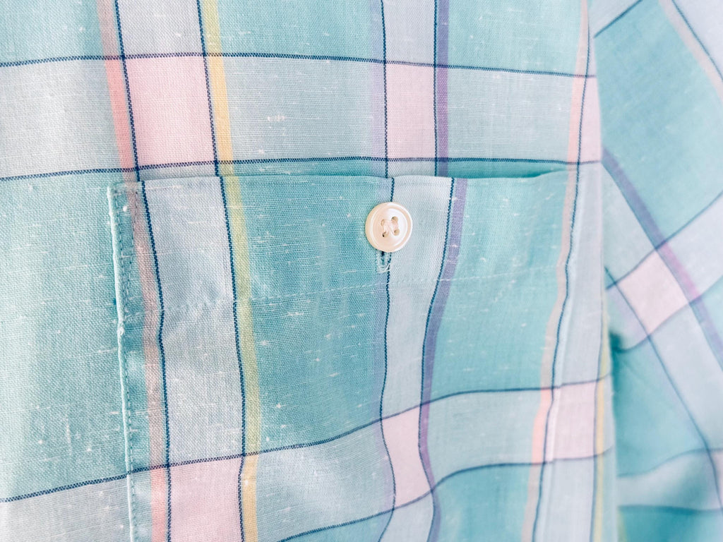 Vintage 1980s Aqua Plaid Mervyns Mens Collection Short Sleeve Button Down Shirt  Polyester Cotton Retro Casual Wear  Made In Korea